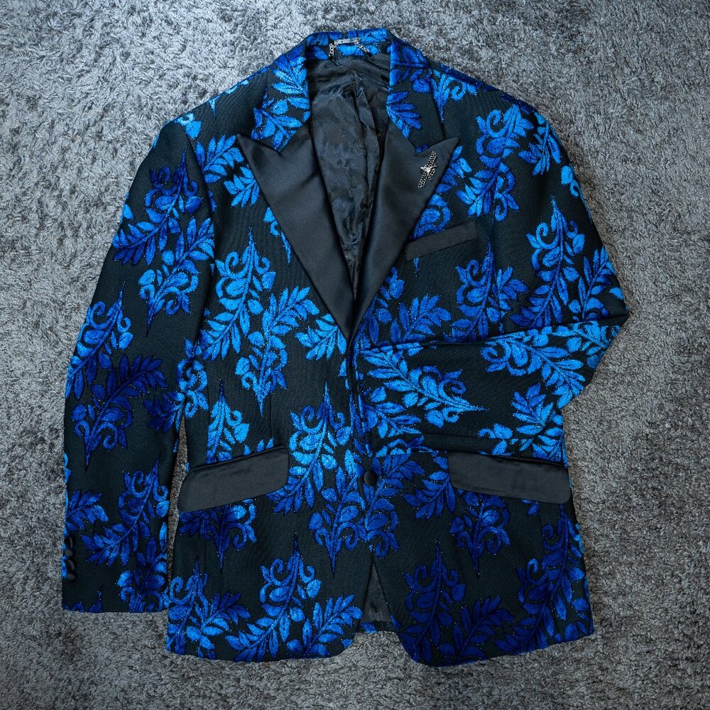 BARABAS Men’s Slim Fit Blazer 40R Royal Blue Black Velvet Floral Paisley Tuxedo